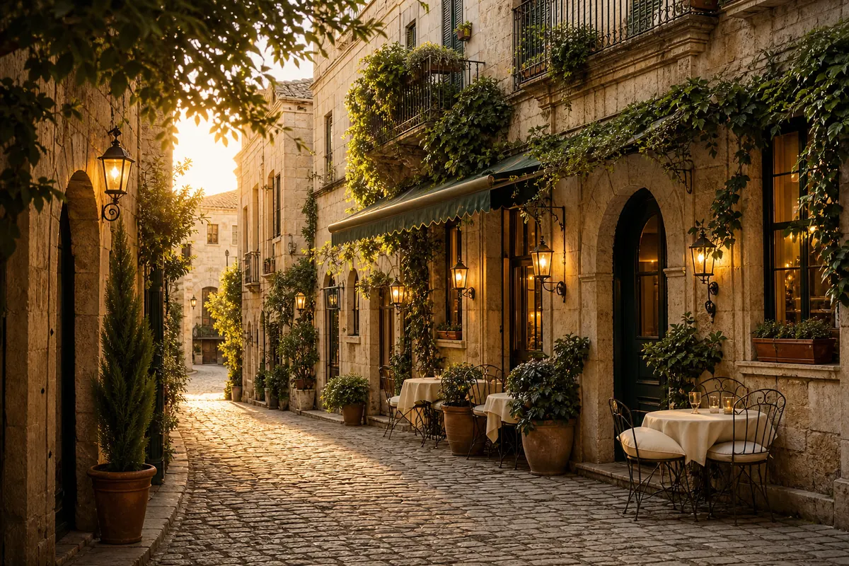 Generische historische Altstadtgasse mit hochwertiger Abendstimmung
