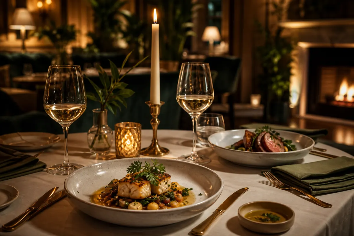 Generische gehobene Kulinarik in warmem Restaurantambiente